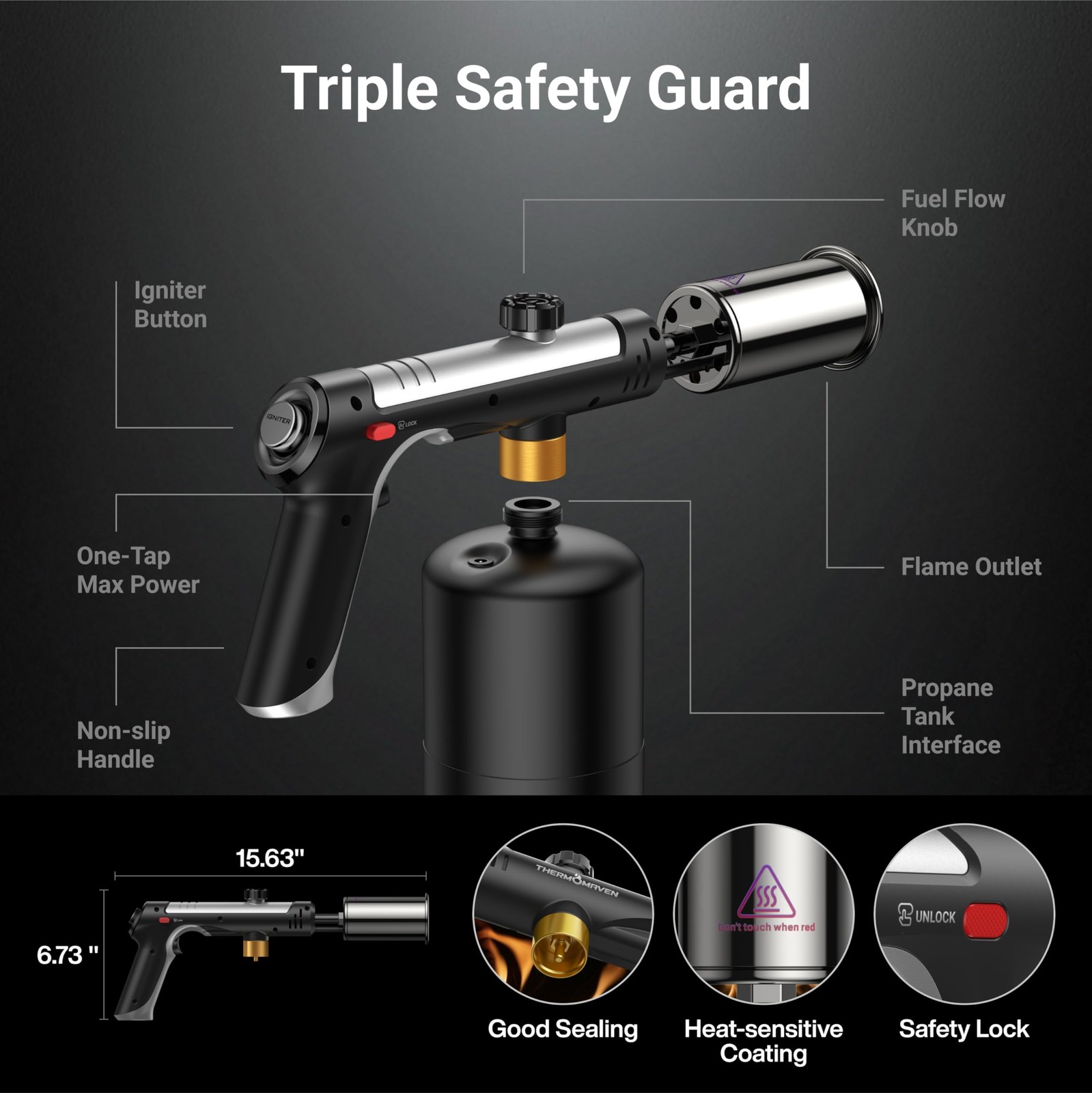 ThermoMaven Propane Torch with One-Touch Max Fire, Cooking Blow Silver