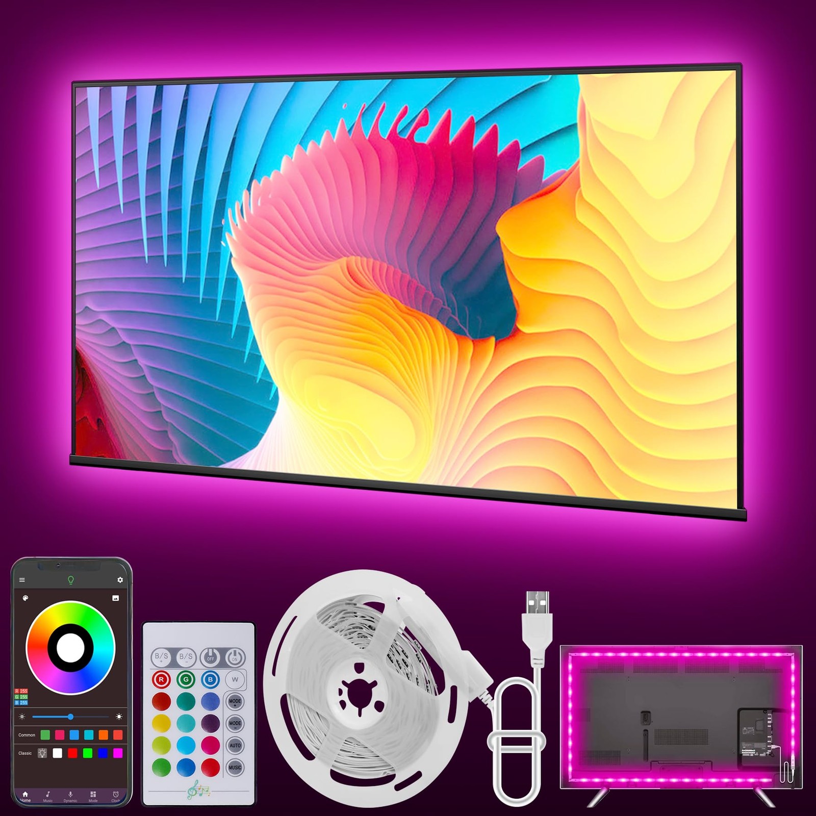 Luces LED para TV, retroiluminación LED de 20 pies para TV de 32 a 80 pulgadas