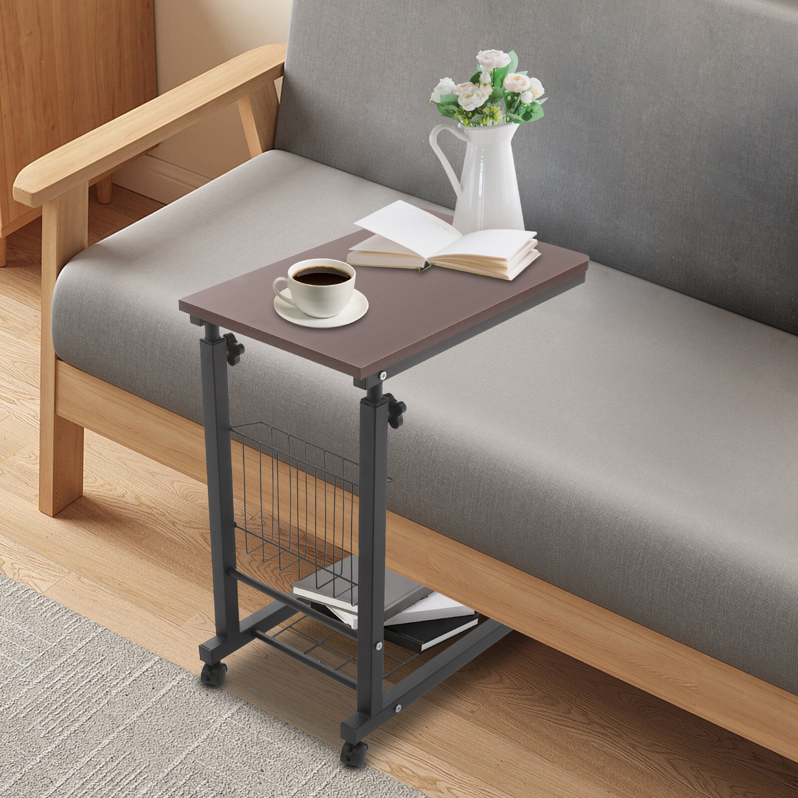 Adjustable Bed Side Table, Side Table with Wheels, Mobile Standalone TableUS