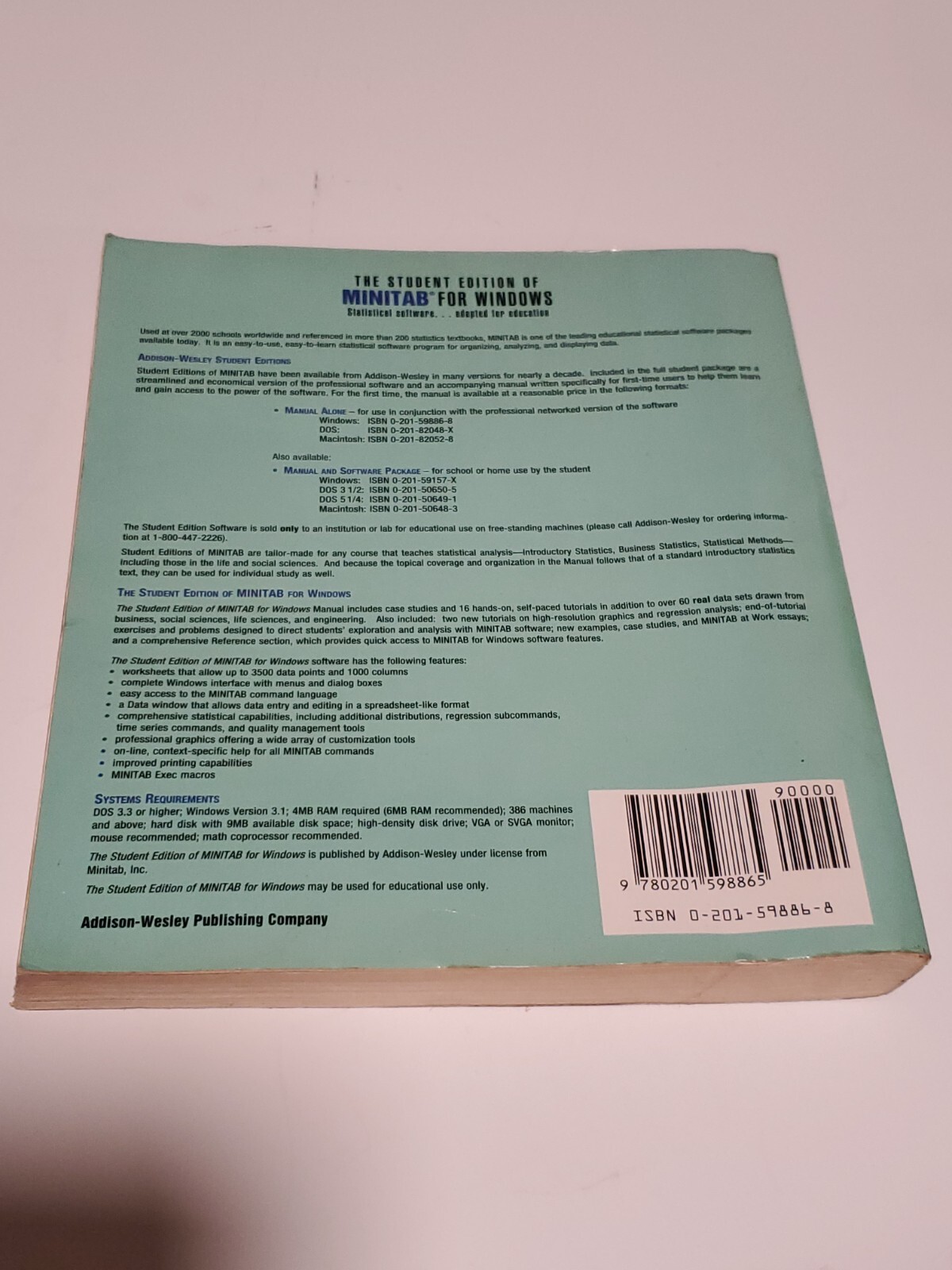 THE STUDENT EDITION OF MINITAB For WINDOWS Statistical Software 3.5 Floppy Book