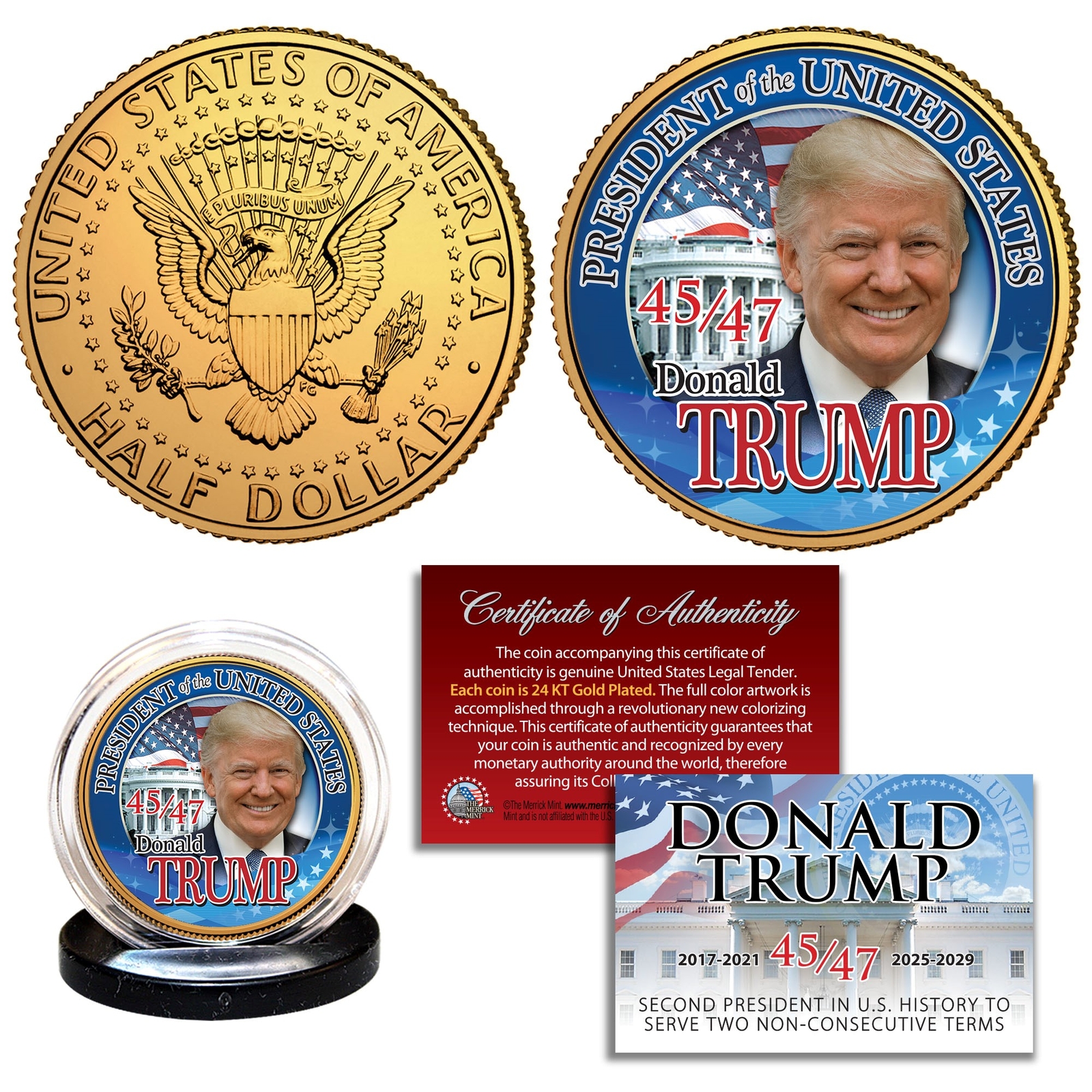 DONALD TRUMP 47th PRESIDENT 24KT Gold Plated JFK Kennedy Half Dollar Coin 45/47