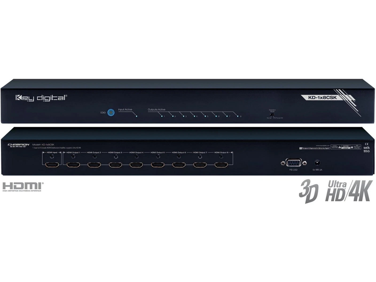NEW Key Digital KD-1x8CSK 1x8 I/O Ultra HD/4K HDMI Distribution Amplifier
