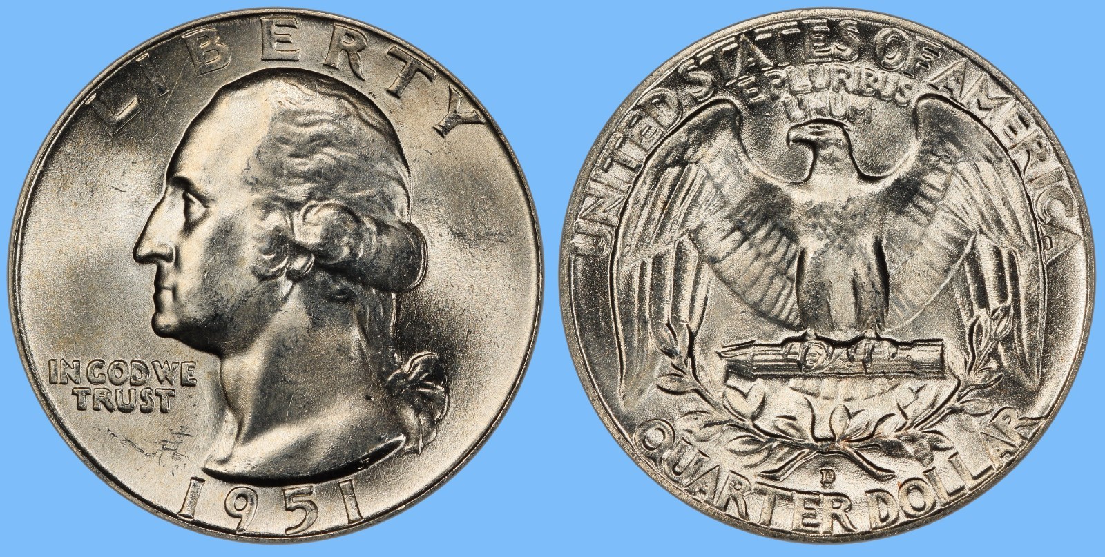 1951 D Washington Quarter ~ BU Uncirculated Mint State ~ 90% Silver 25c US Coin