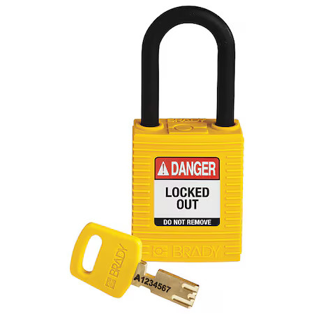 Brady Nyl-Ylw-38Pl-Kd Lockout Padlock, Keyed Different, Nylon, Yellow, 1 1/2 In