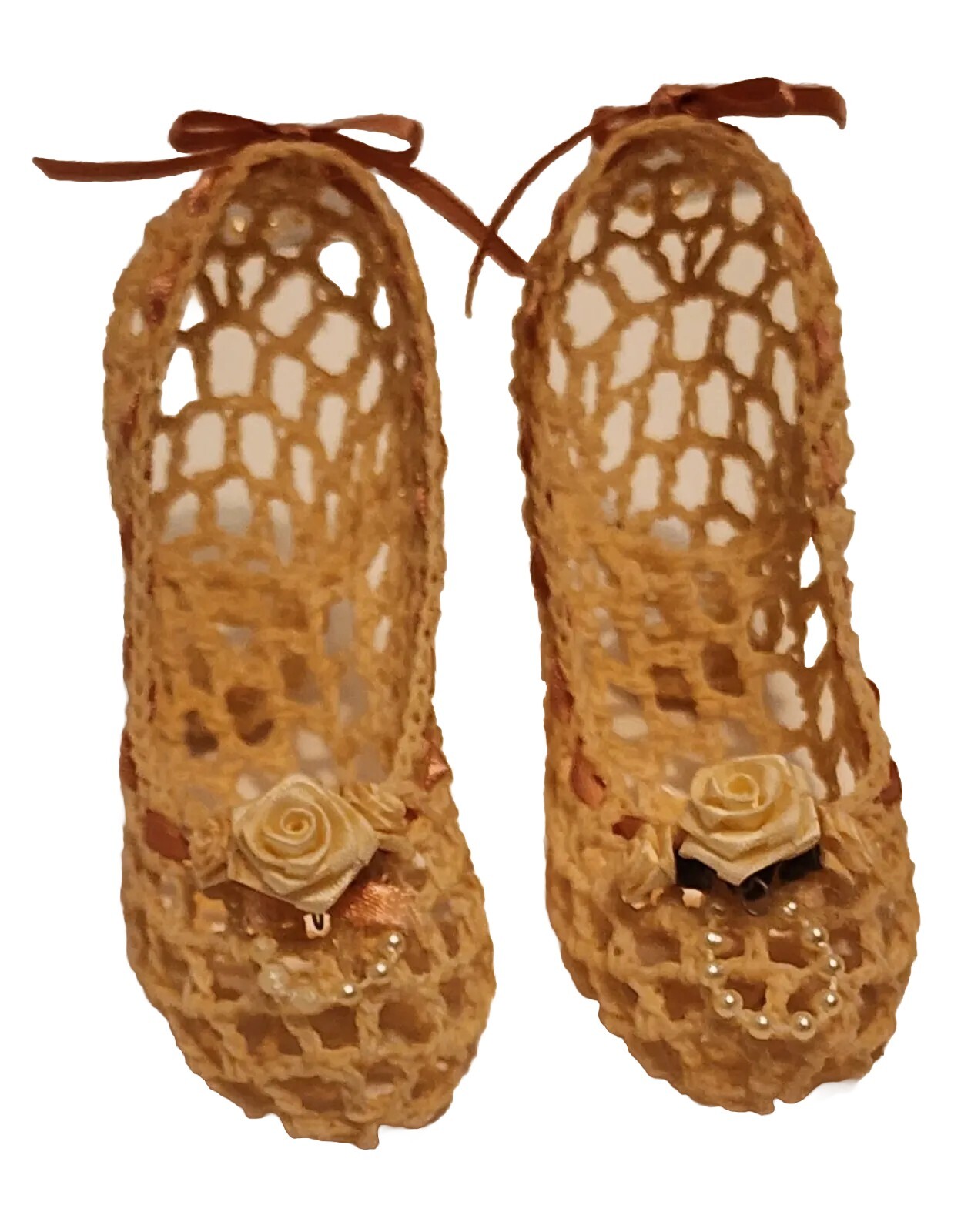 Hand Crocheted High Heel Shoes Decorative Ribbon Roses and Pearl Accents Vintage