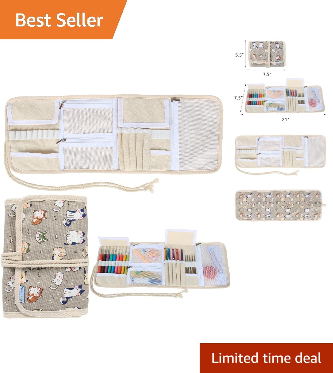 Stylish Cartoon Cats Crochet Organizer with Zipper Closure & 10 Compartments