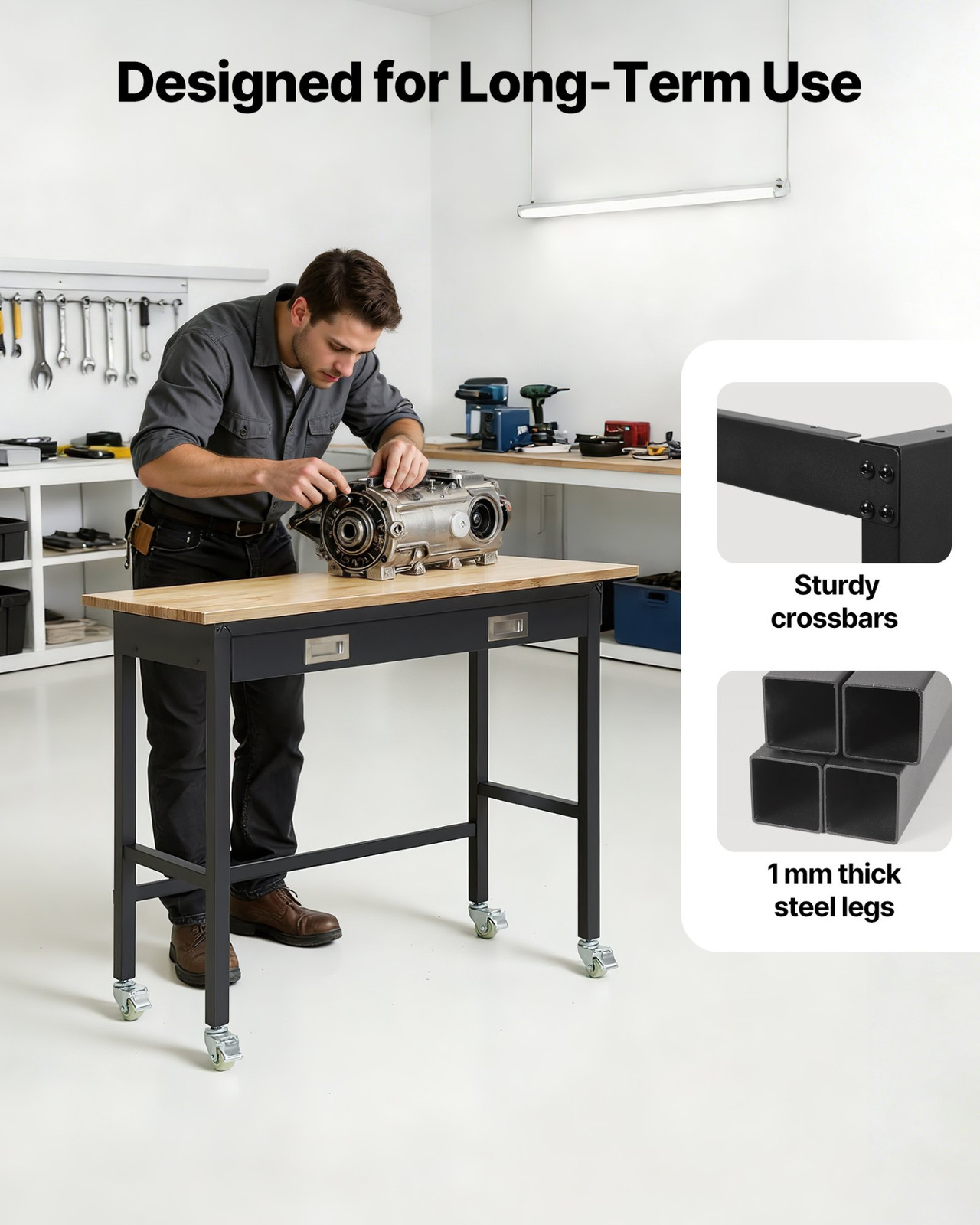 48 in Workbench 1500 lb Capacity Oak Top with Drawer Wheels