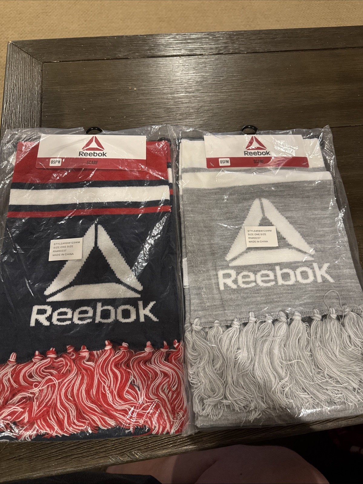 Lot of 2 New Reebok Rally Scarf Red White Navy Blue With Reebok Logo & Gray One