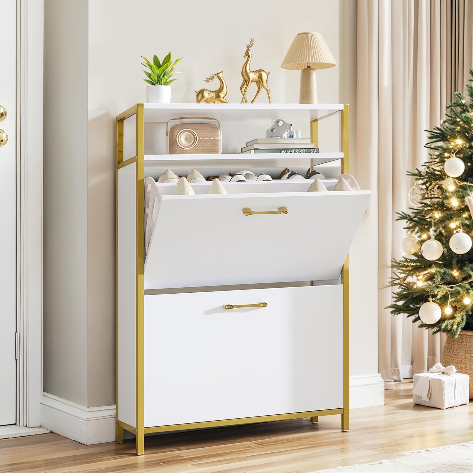 Shoe Storage Cabinet with 2 Flip Drawers for Entryway, Modern Slim Hidden Fre...