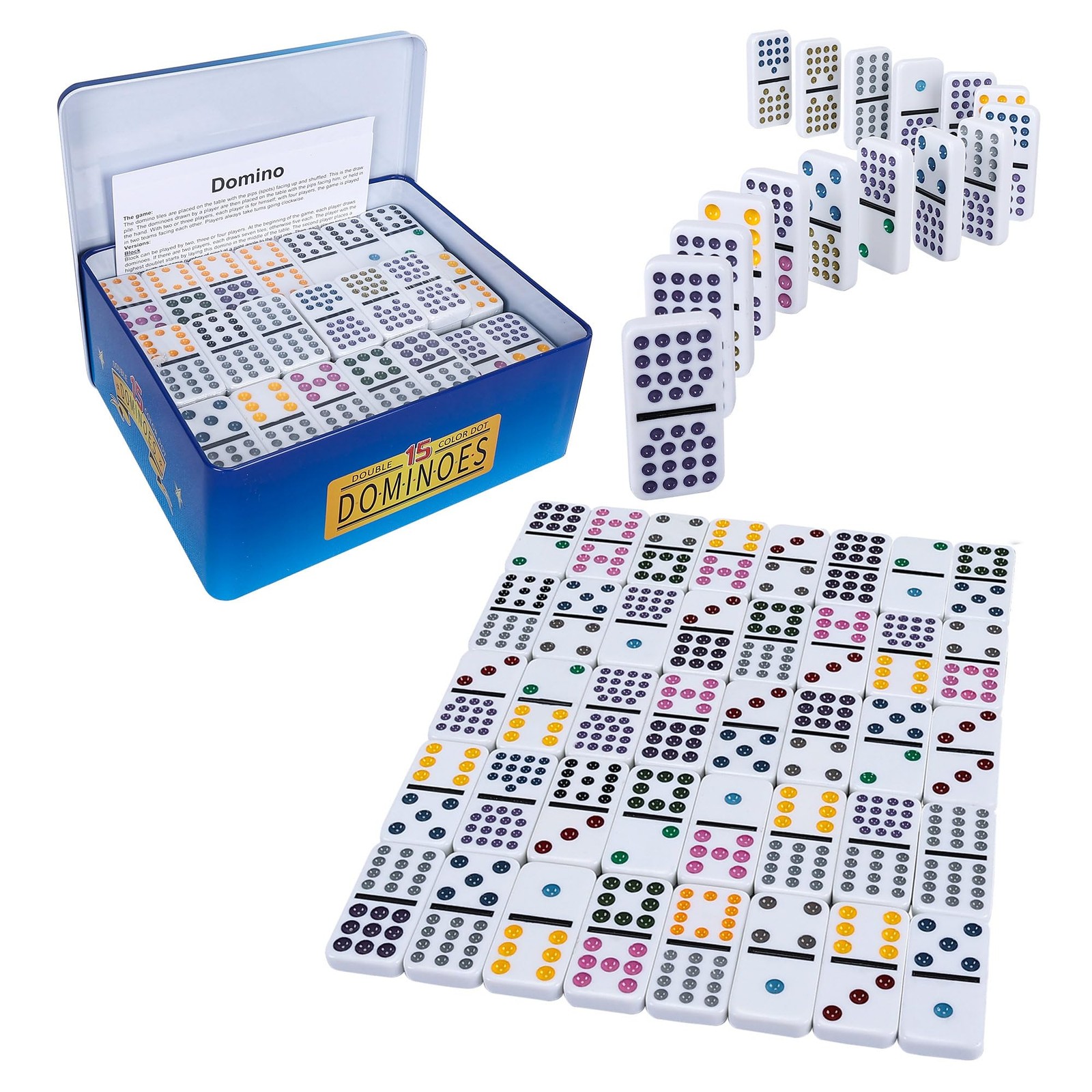 Double 15 Dominoes Set for Adults - Classic 136 Tiles Colored Dots Double Fif...