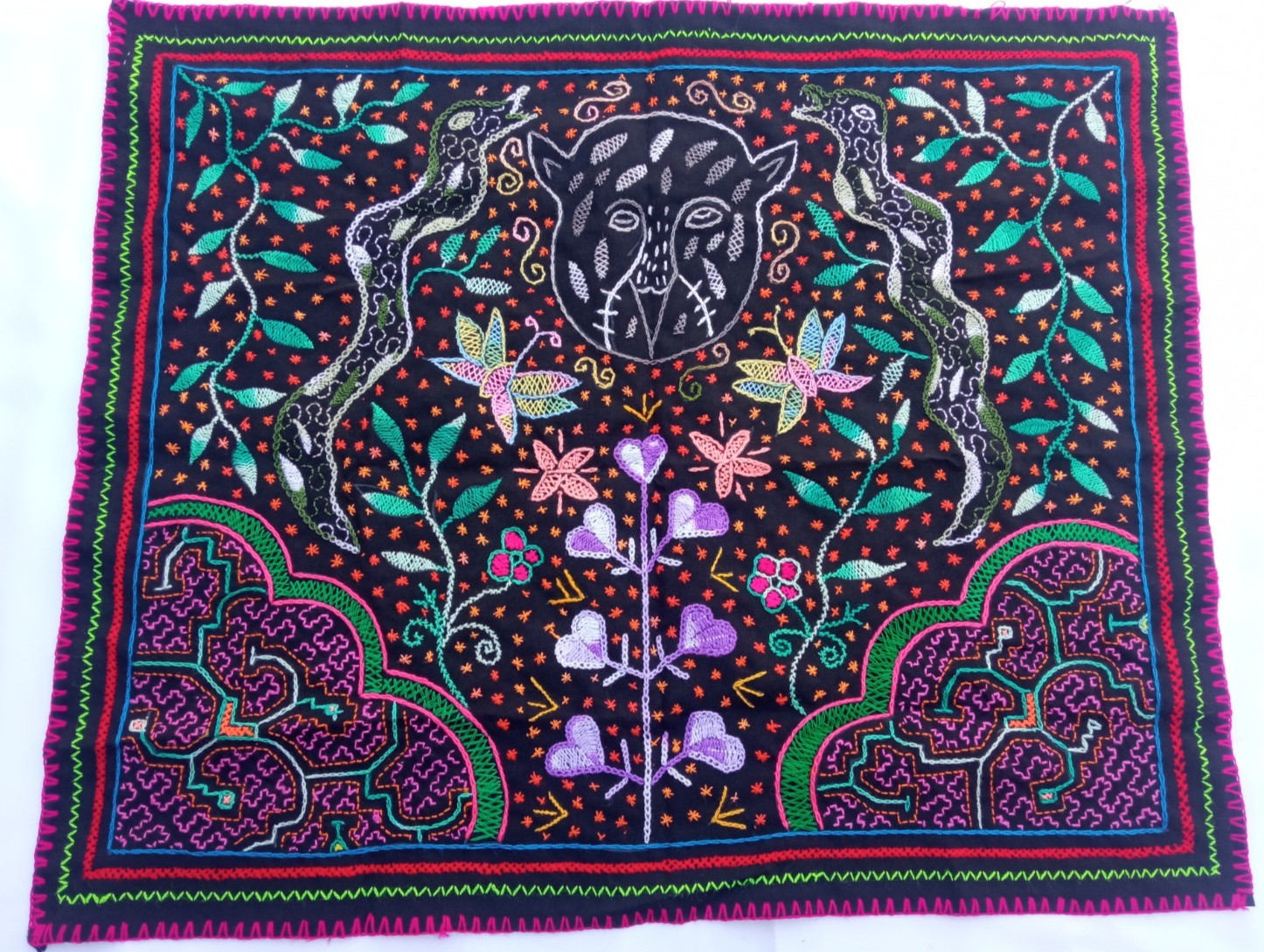 Shipibo Native Hand Embroidery Shaman Visions textile 24" X 29"