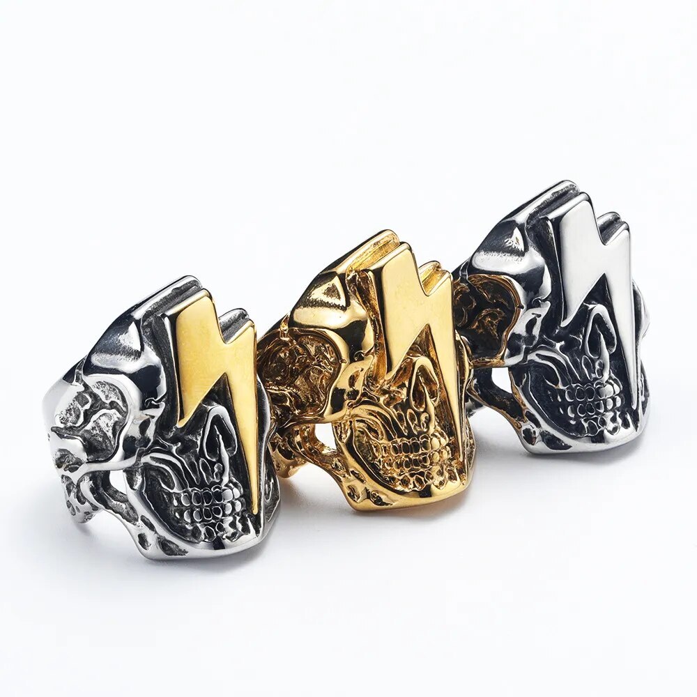 Europunk Personalized Skull Head Lightning Stainless Steel Men's Rings Size 7-13