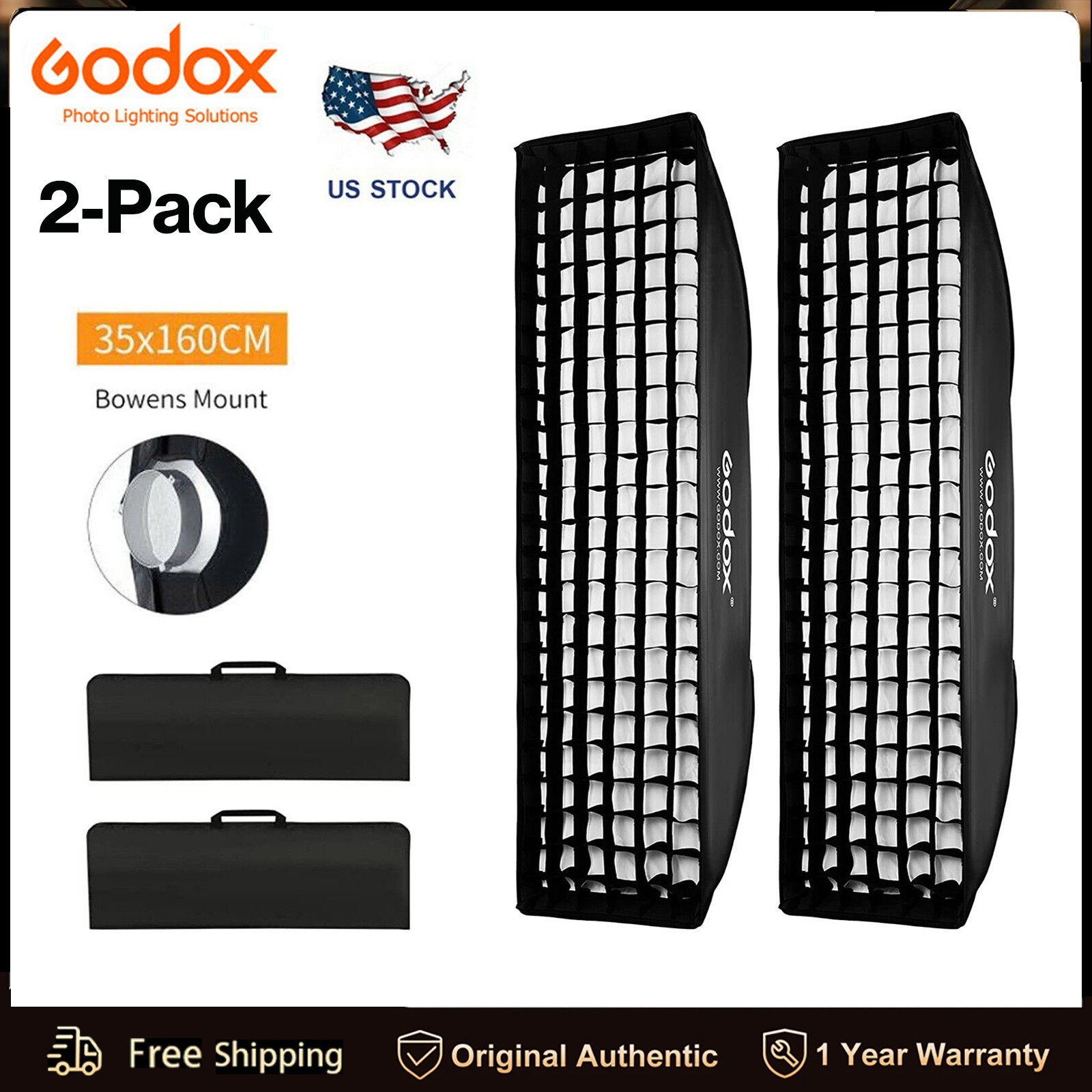 US 2 Packs Godox FW 35*160cm Bowens mount Softbox with Grid for Studio Flashes