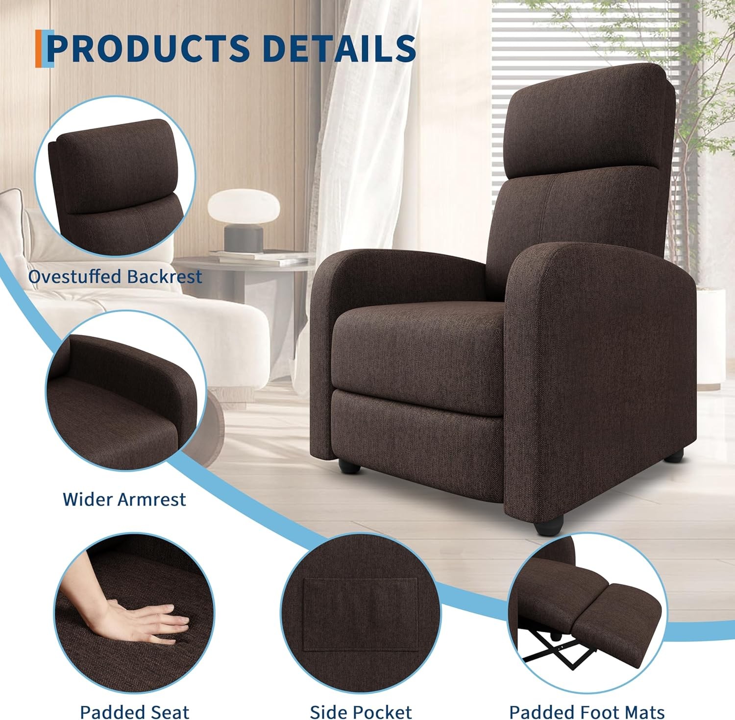 Upholstered Linen Push Back Recliner, High Back Reading Chair with Side Pocket