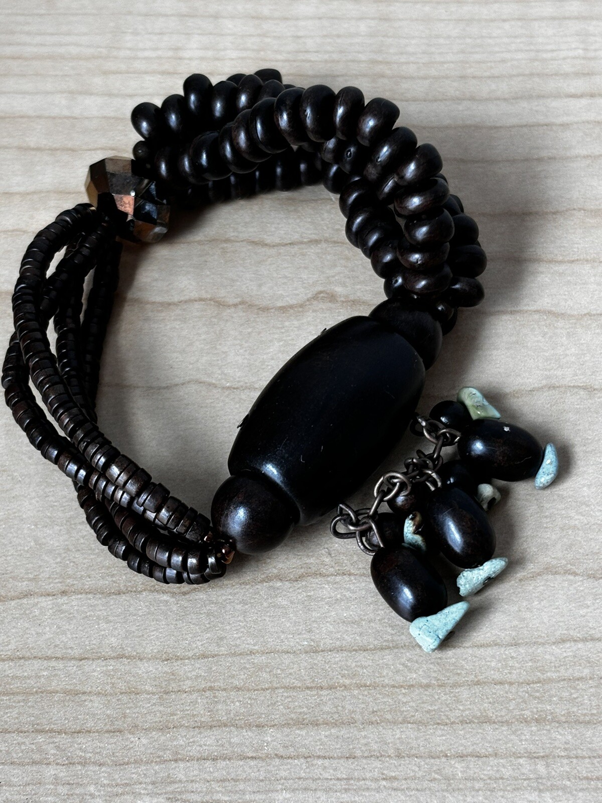 Black & Brown Beaded Bracelet/  Blue Color Tips/ Flexible/ Fits 7 In Wrist