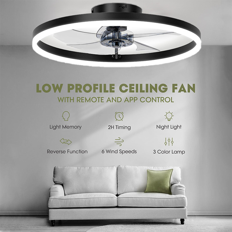 20" Modern Fan Lights Flush Mount LED Ceiling Light kit With Remote APP Control