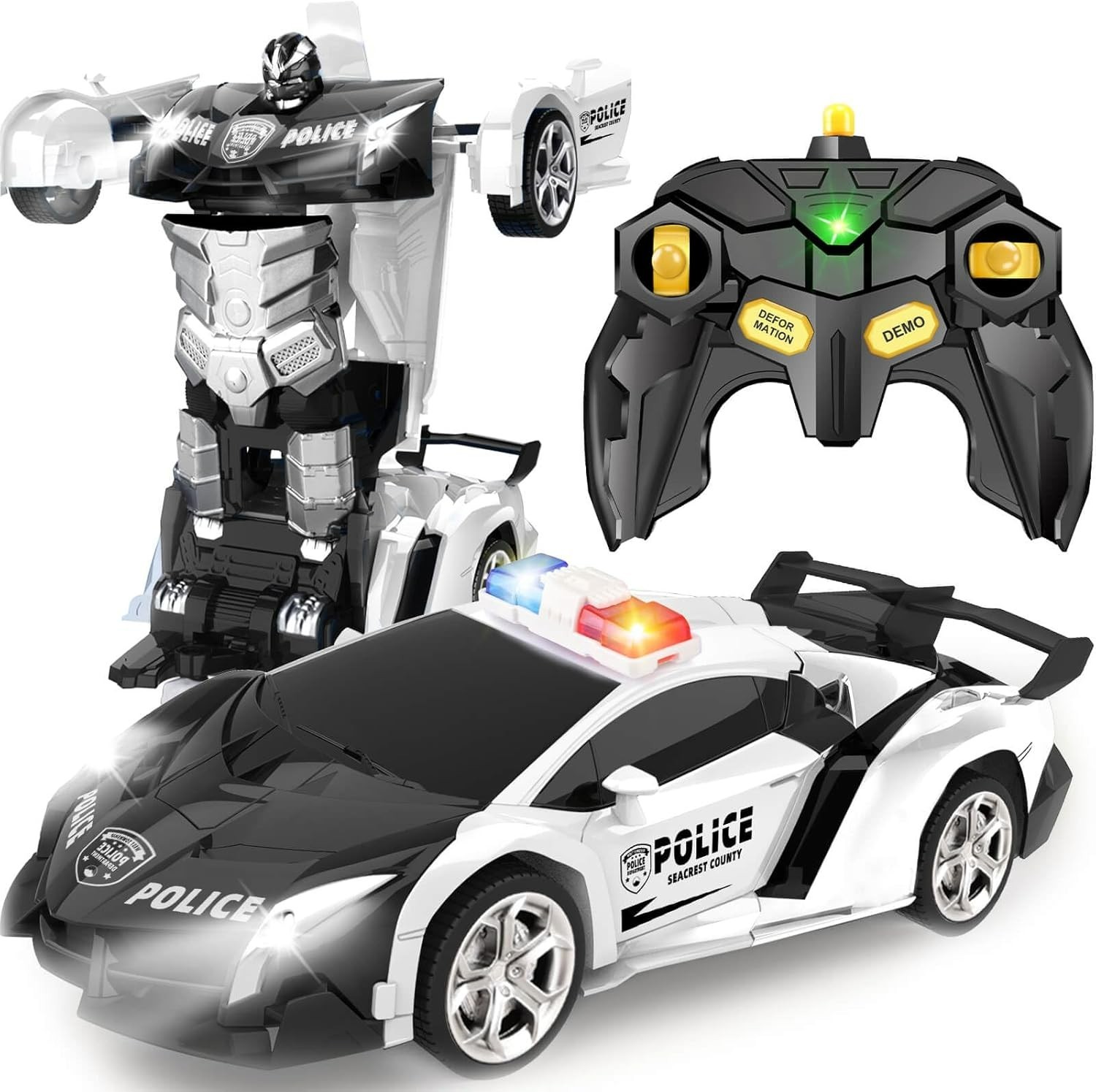 Coche teledirigido transformable con un solo botón - Coche de policía negro