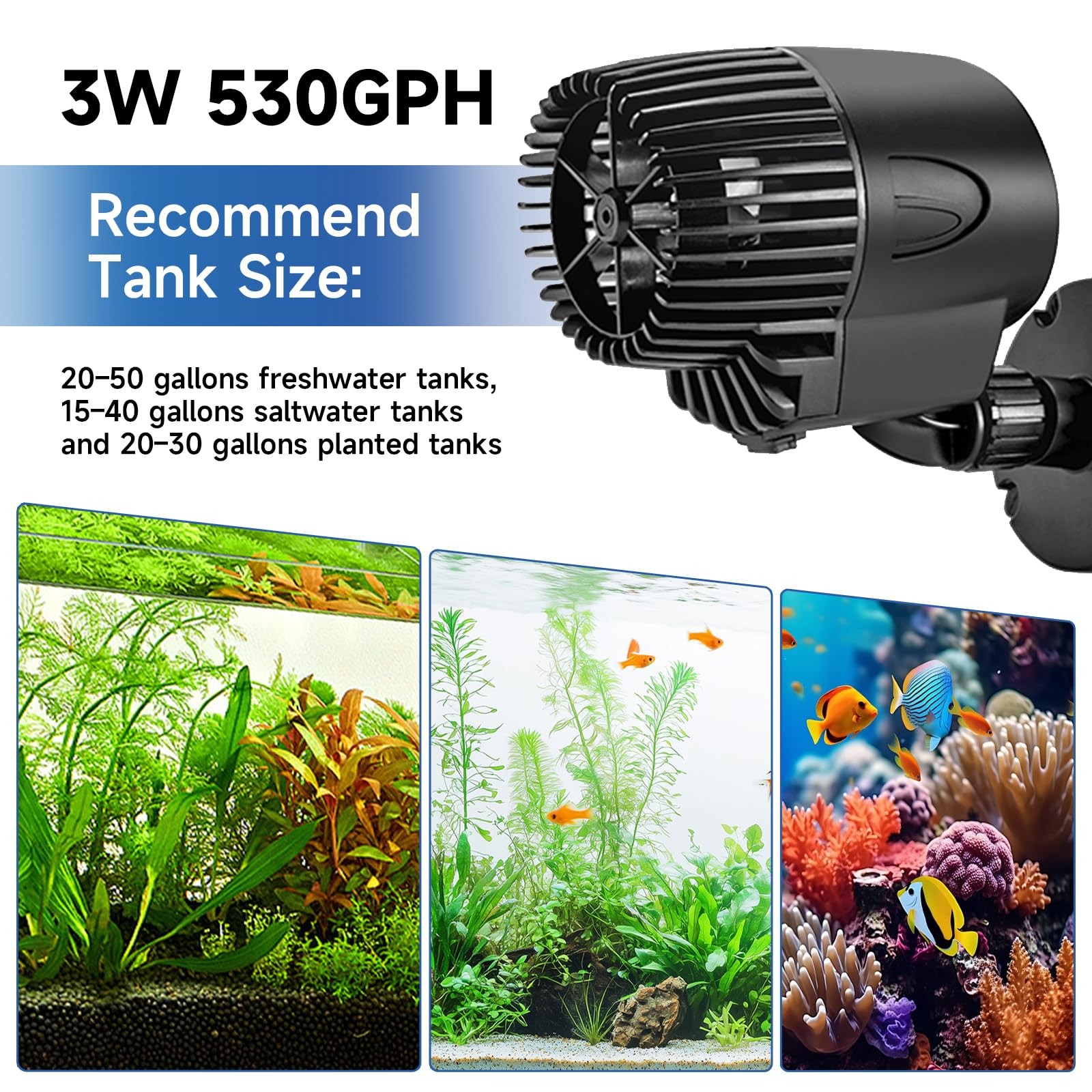 Wave Maker Pump, 530GPH Aquarium Circulation Pump 360 Degree Rotatable Submersib
