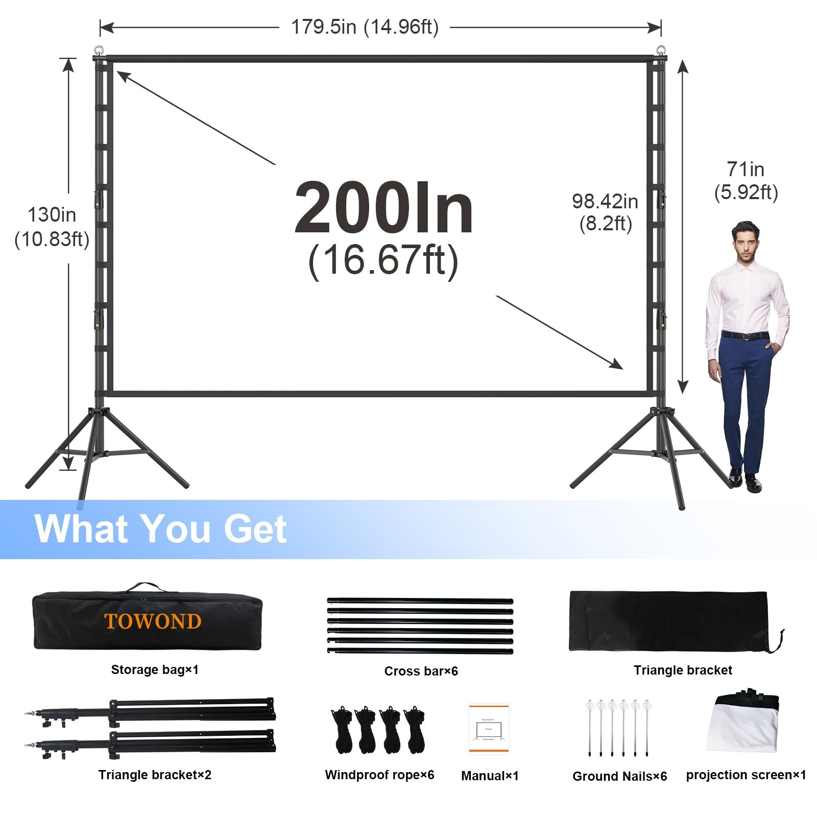 200 Inch Outdoor Projector Screen with Stand, 35mm Frame