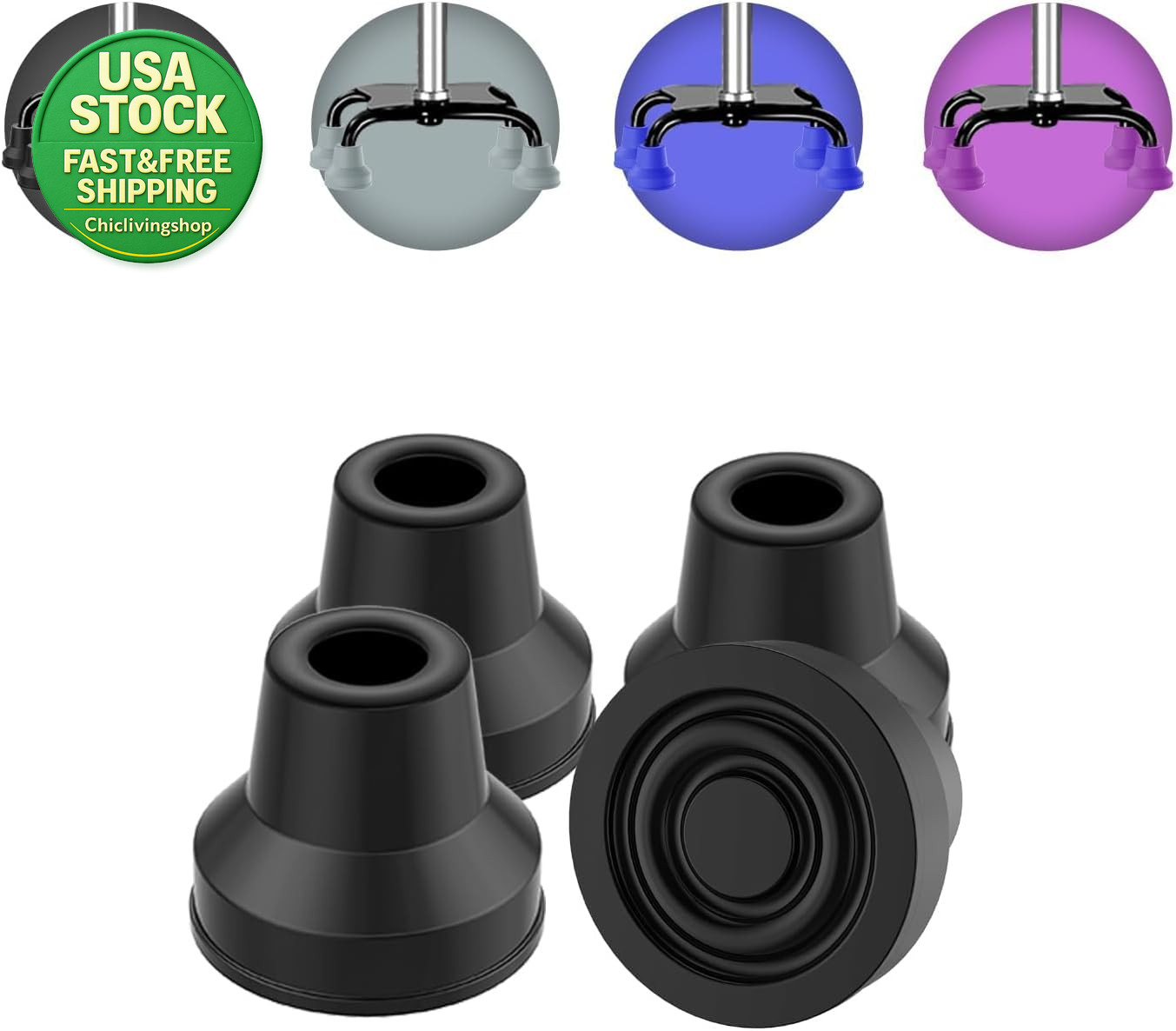 Quad Cane Tips 4 Pack Non Slip Rubber Replacement Foot Pad 1 2 Inch Black