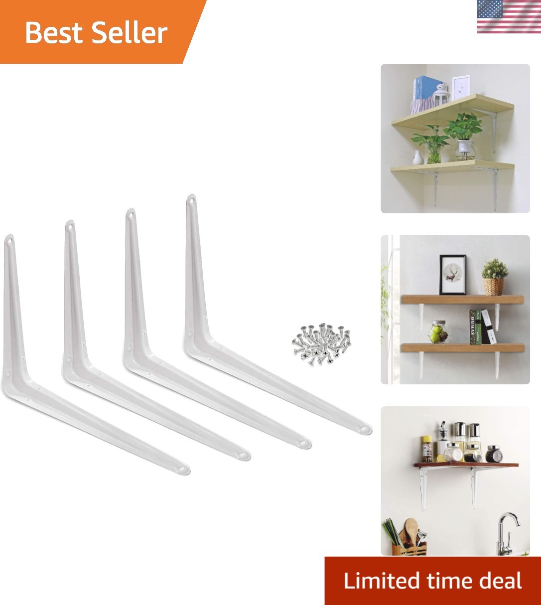 Glossy White 8" x 10" Metal Shelf Brackets | Durable Wall Mount Support, 4 Pack