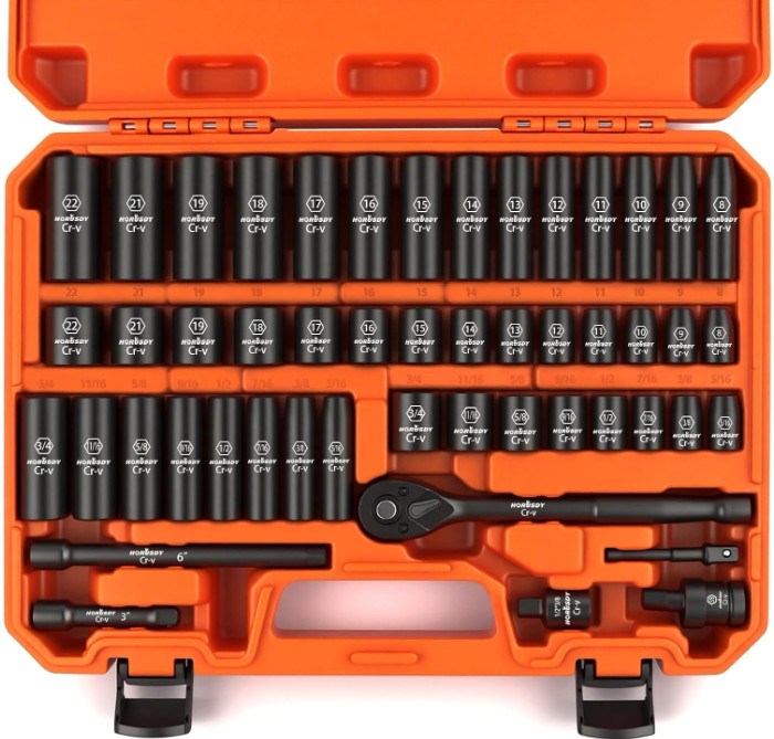 Juego Dados Impacto 3/8” 50pcs SAE 5/16–3/4 y Métrico 8–22mm 6 Puntos Cr-V,Nuevo