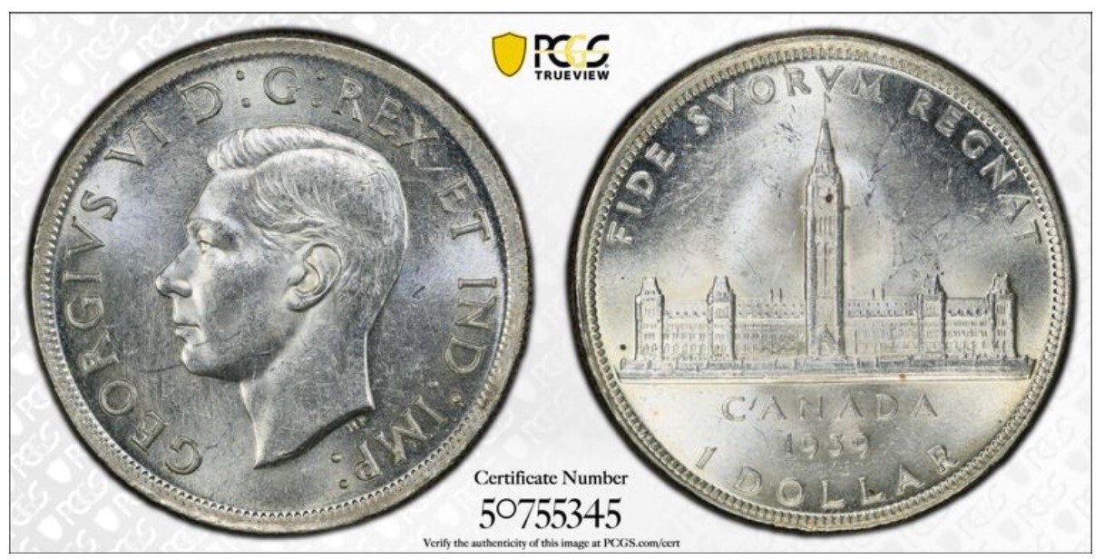 1939 CANADA, KING GEORGE VI SILVER DOLLAR COIN PCGS MS62