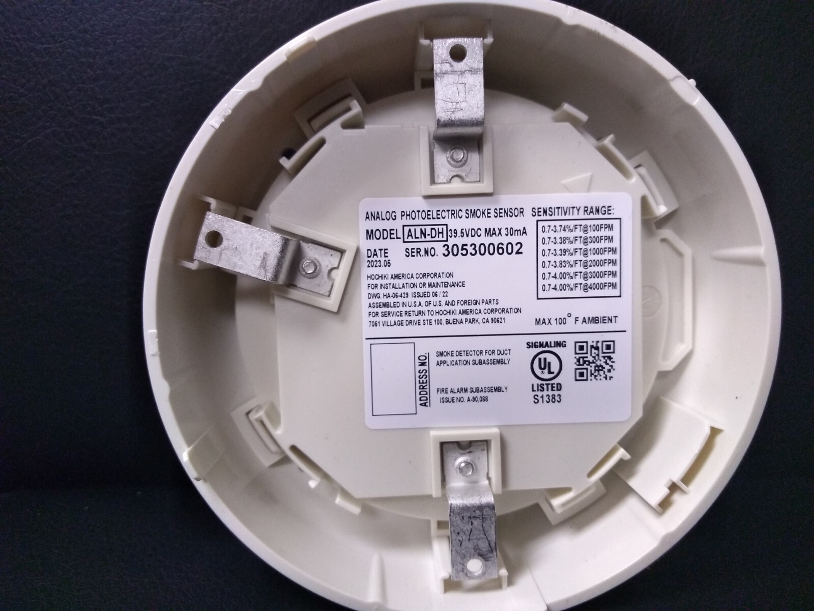 Hochiki Model ALN-DH, Duct Smoke Detector Head, Addressable, Photoelectric.