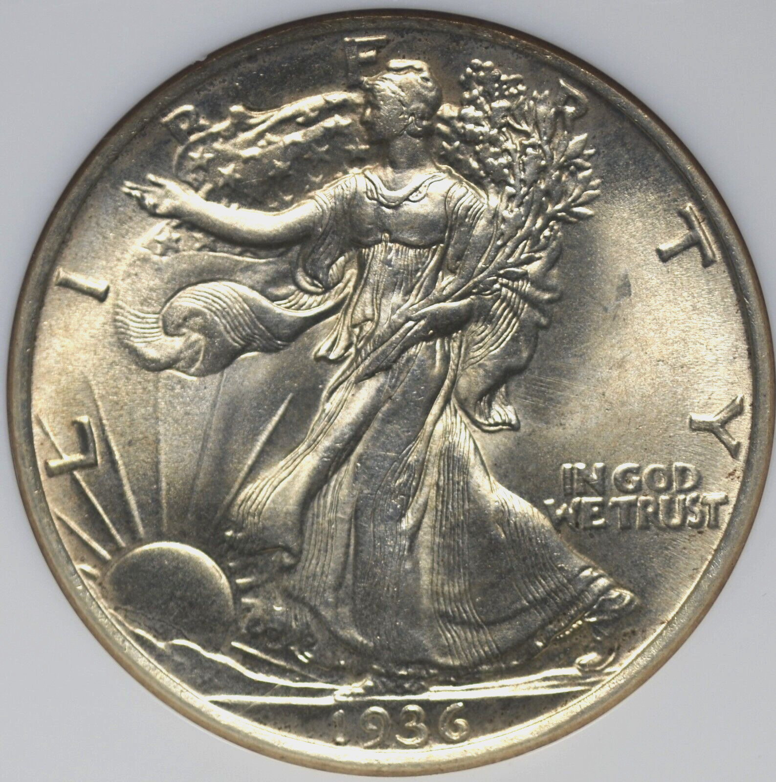 1936 WALKING LIBERTY HALF DOLLAR NGC MS 65 CHAMPAGNE TINGED SILVER SATIN GEM