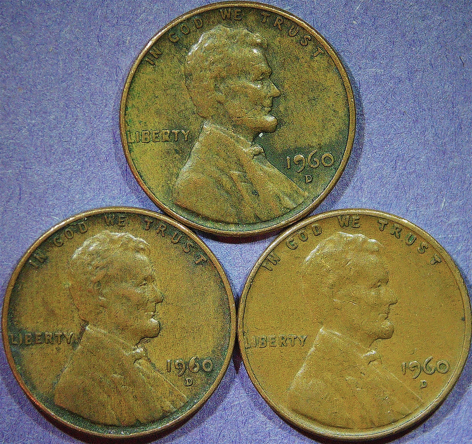 Lot of 3: BN 1960 D Lincoln Memorial cent errors, filled date die chips