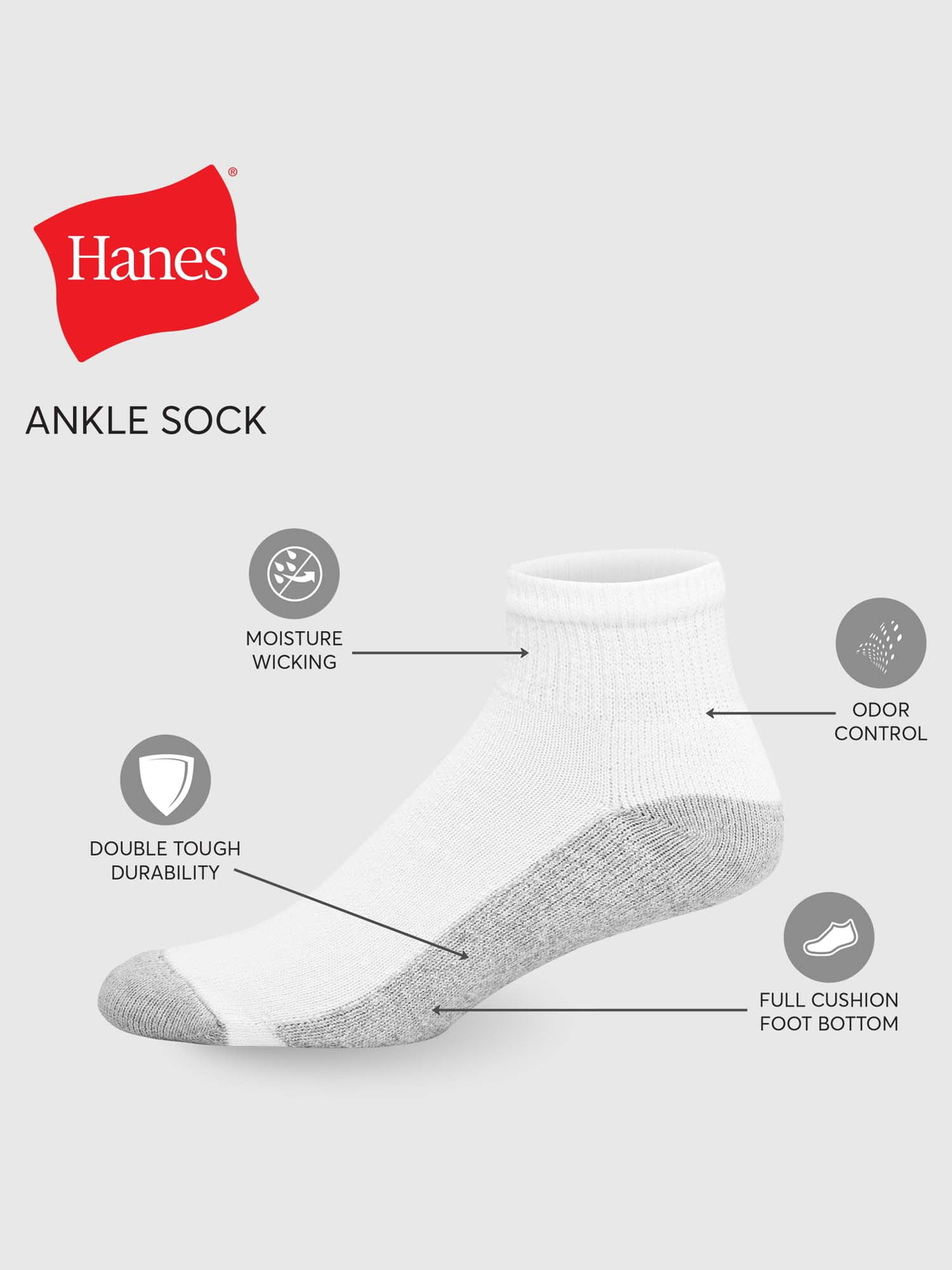 Hanes Men's Double Tough Durability Big & Tall Ankle Socks, 12-Pack