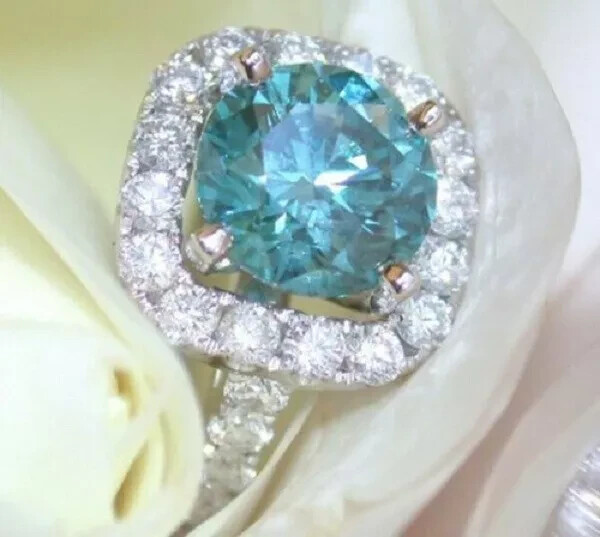 2.50Ct Round Cut Blue Topaz & Diamond Halo Engagement Ring 14K White Gold Finish