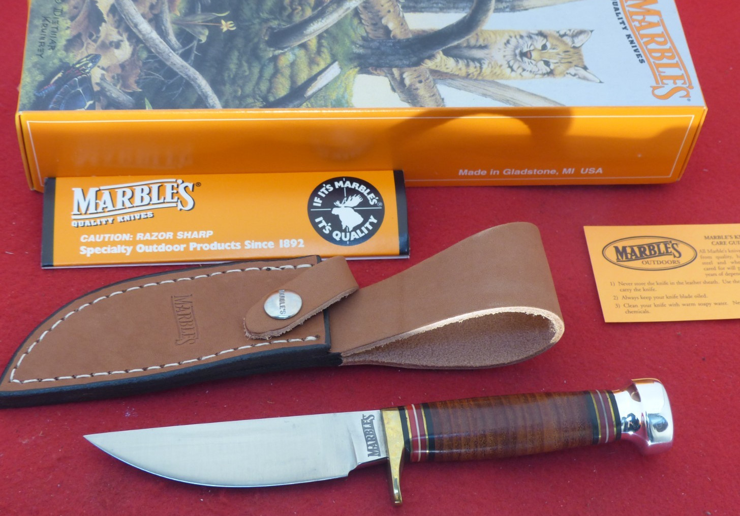 Marbles Gladstone USA mint in box Plainsman fixed blade leather/aluminum knife