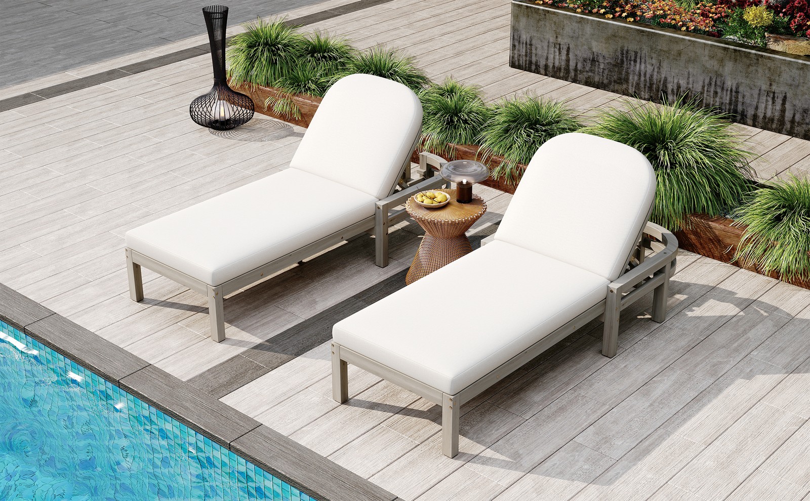 Patio Chaise Lounge Chair 2-Pack, Acacia Wood, Adjustable Backrest, Gray Cushion