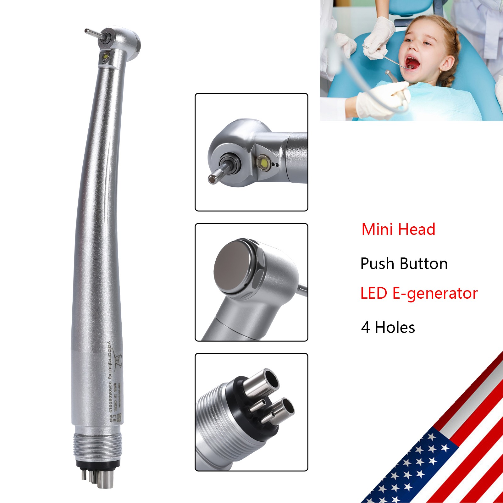 LED Dental High Fast Speed Handpiece Pediatric Push Button Mini Small Head 4HOLE