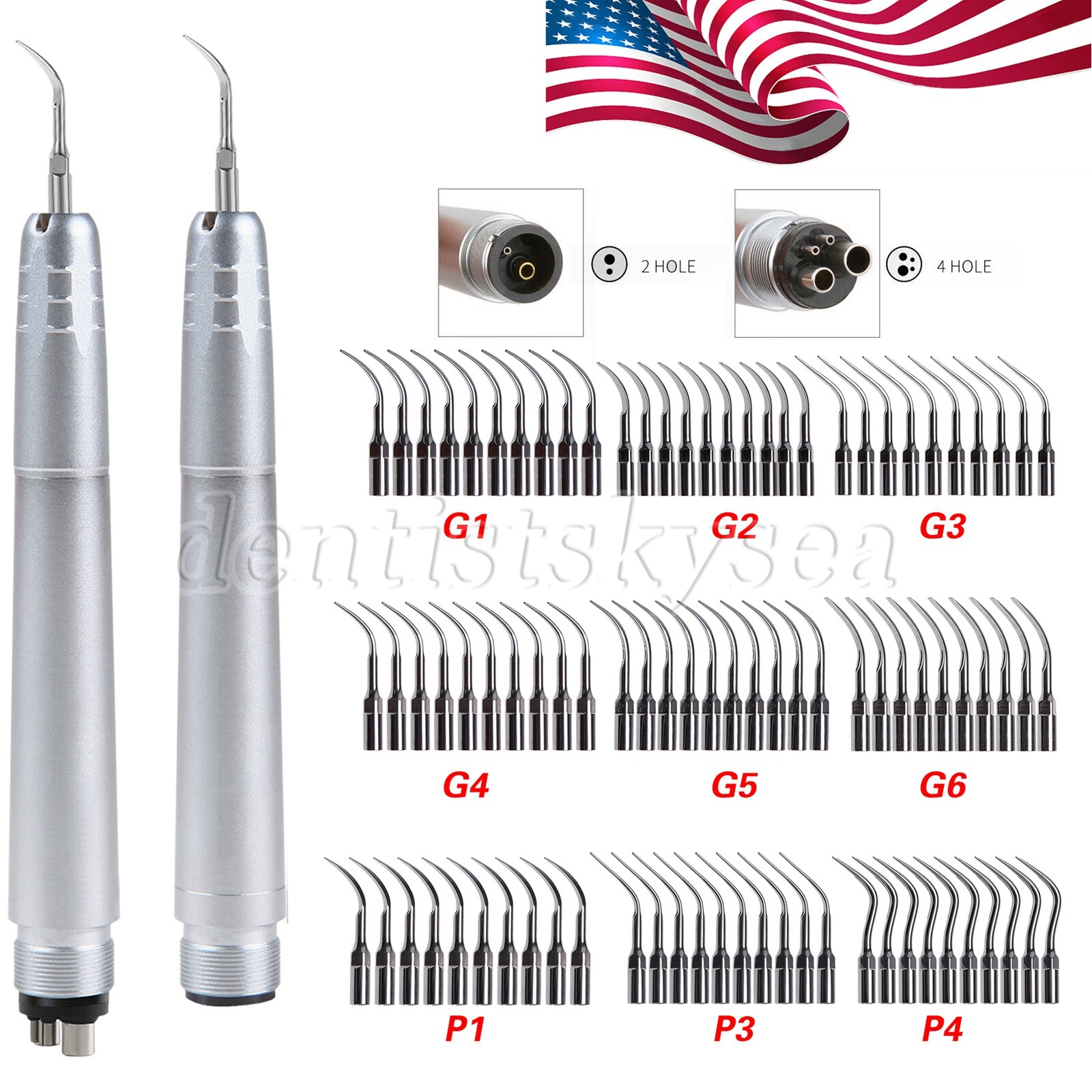 USA Dental Ultrasonic Air Perio Scaler Handpiece Scaling 2/4-Holes With 3 Tips