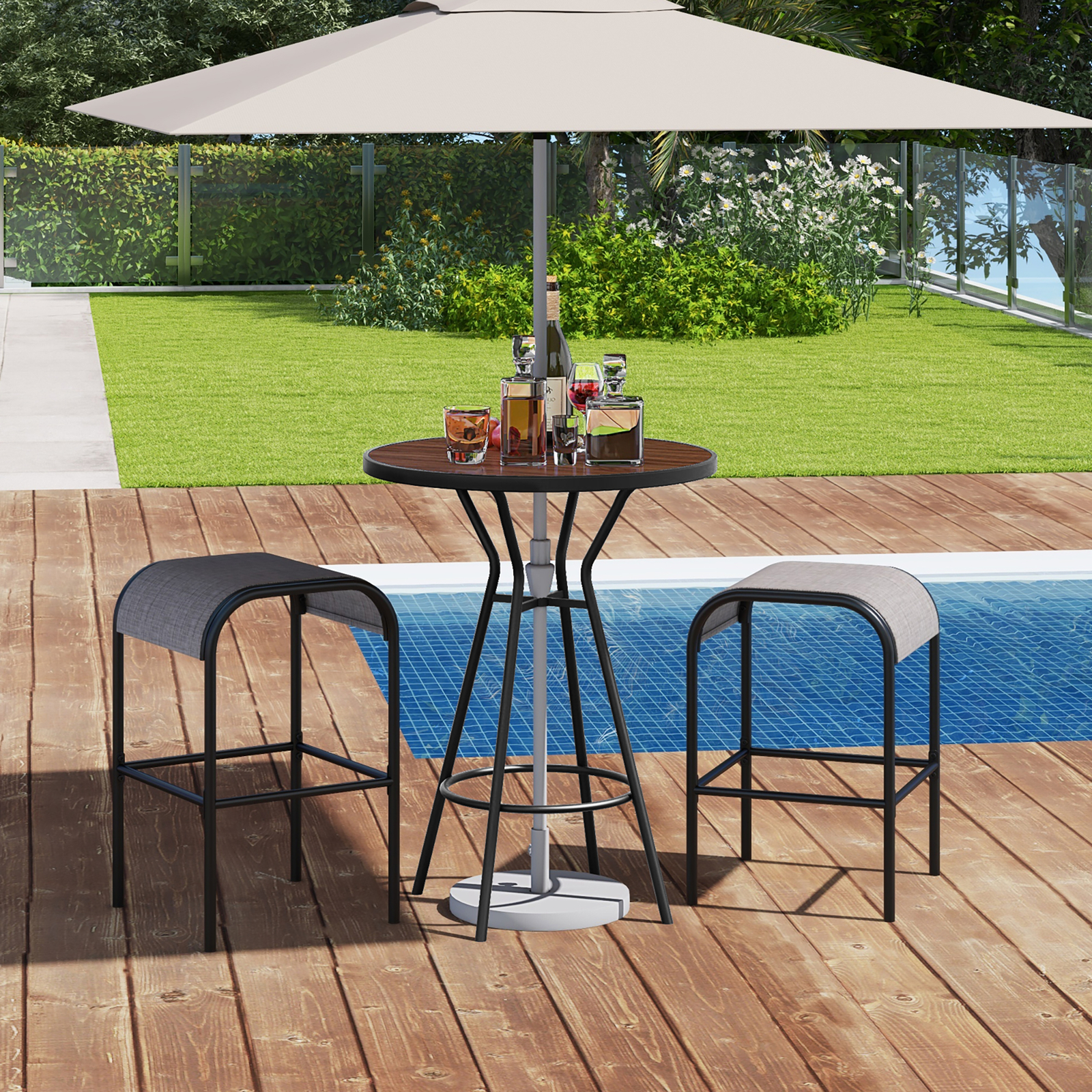 3 PCS Patio Bistro Set Round Table w/ 1.6'' Umbrella Hole & 2 Stools Metal Frame