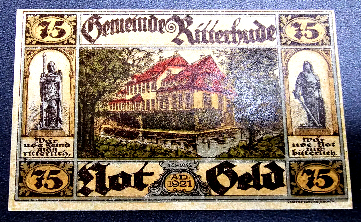 RITTERHUDE NOTGELD 75 PFENNIG 1921 EMERGENCY MONEY GERMANY BANKNOTE (33005)