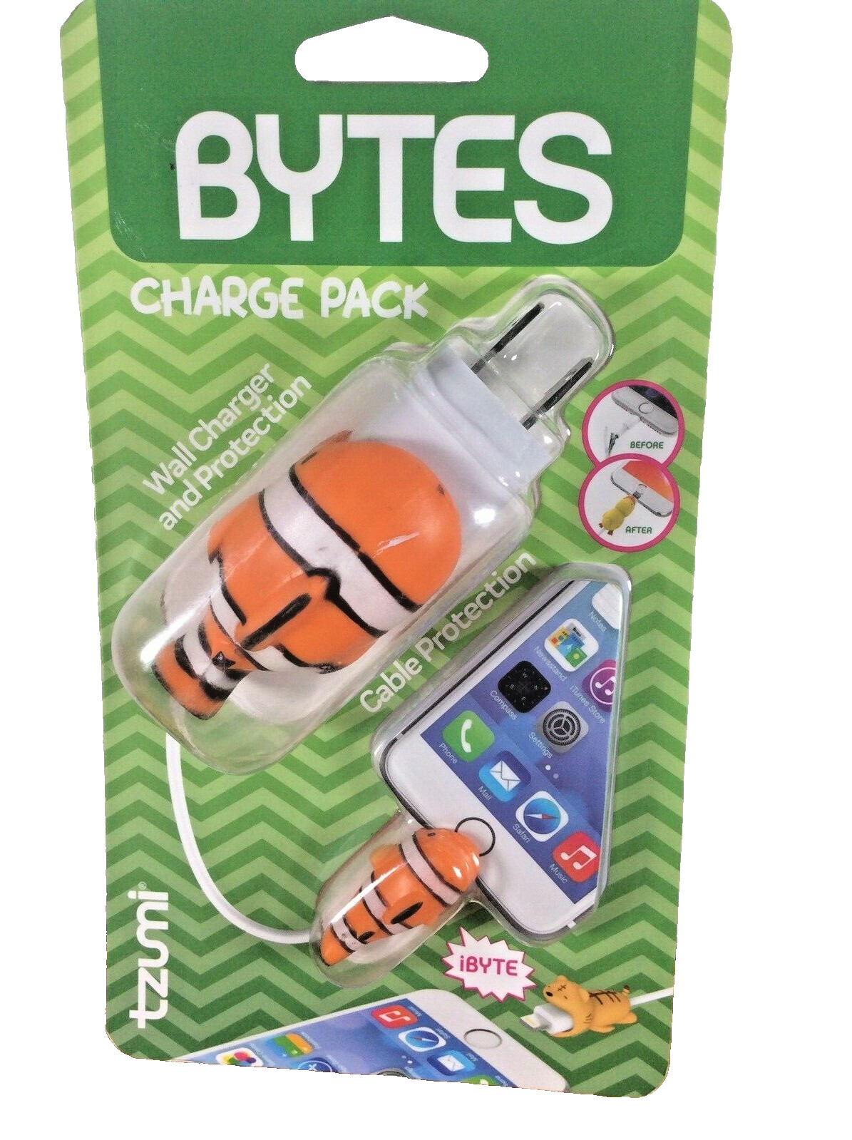 NEW Tzumi Bytes Phone Cable & Wall Protectors Charge Pack Nemo Clown Fish