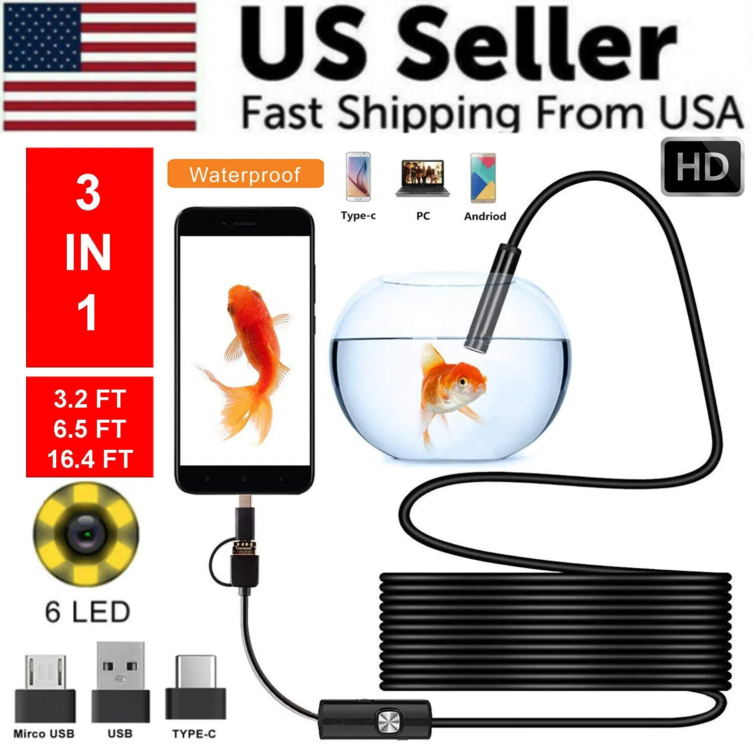 6Led Snake Endoscope Borescope 8Mm Inspection USB Camera Scope-Type C Android