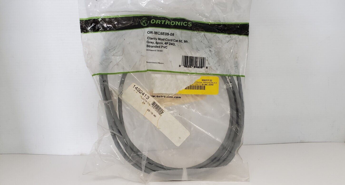 ORTRONICS OR-MC5E09-08 CLARITY MODULAR CORD, CAT 5E, 9' GRAY, 8POS, 4P 24G, NIB
