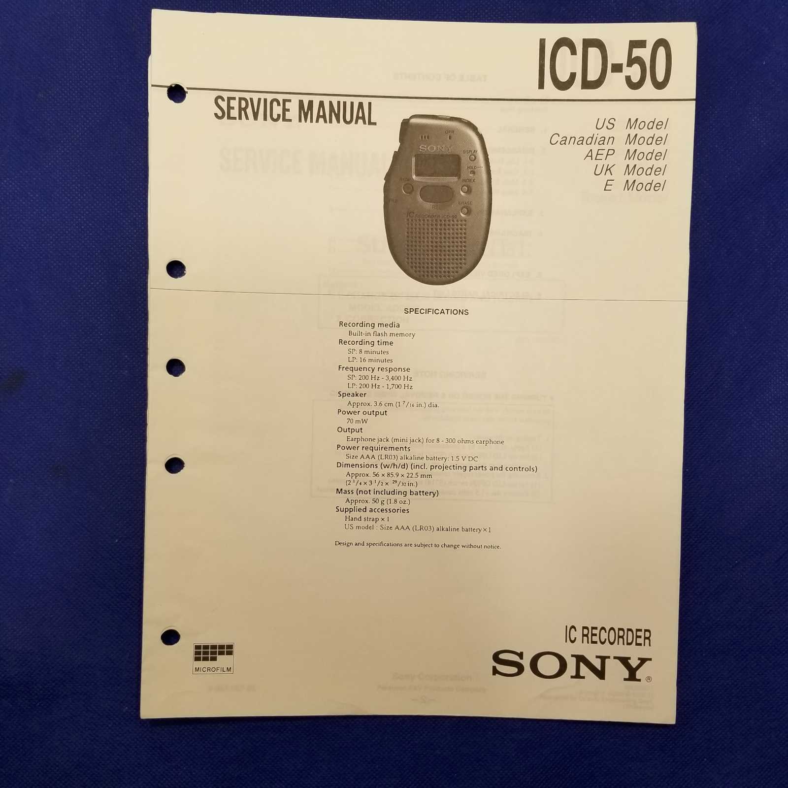 SONY ICD-50 Service Manual Original Paper OEM Repair Guide - USA