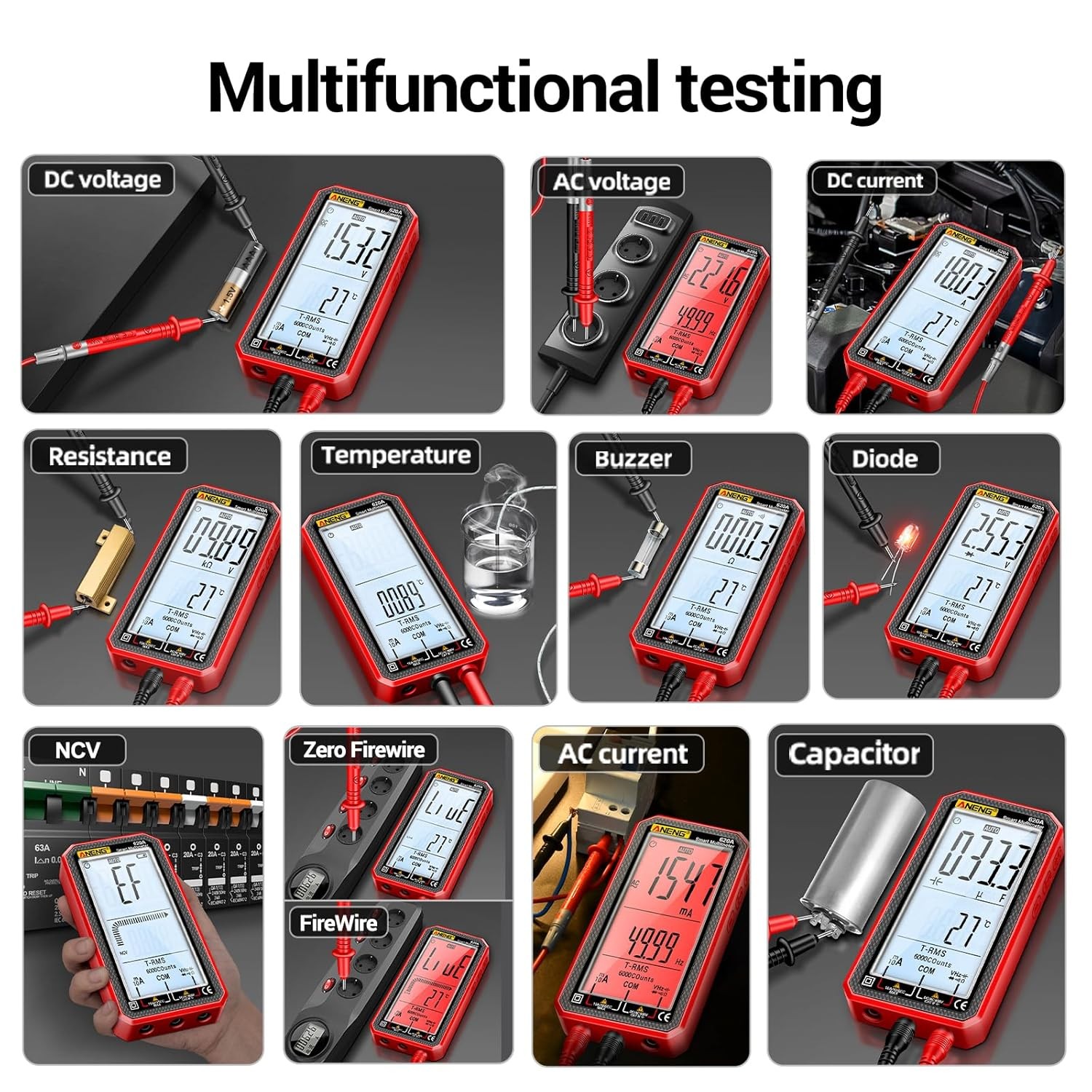 Digital Multimeter, Voltmeter Smart Electrical Tester 6000 Counts with LCD, Meas