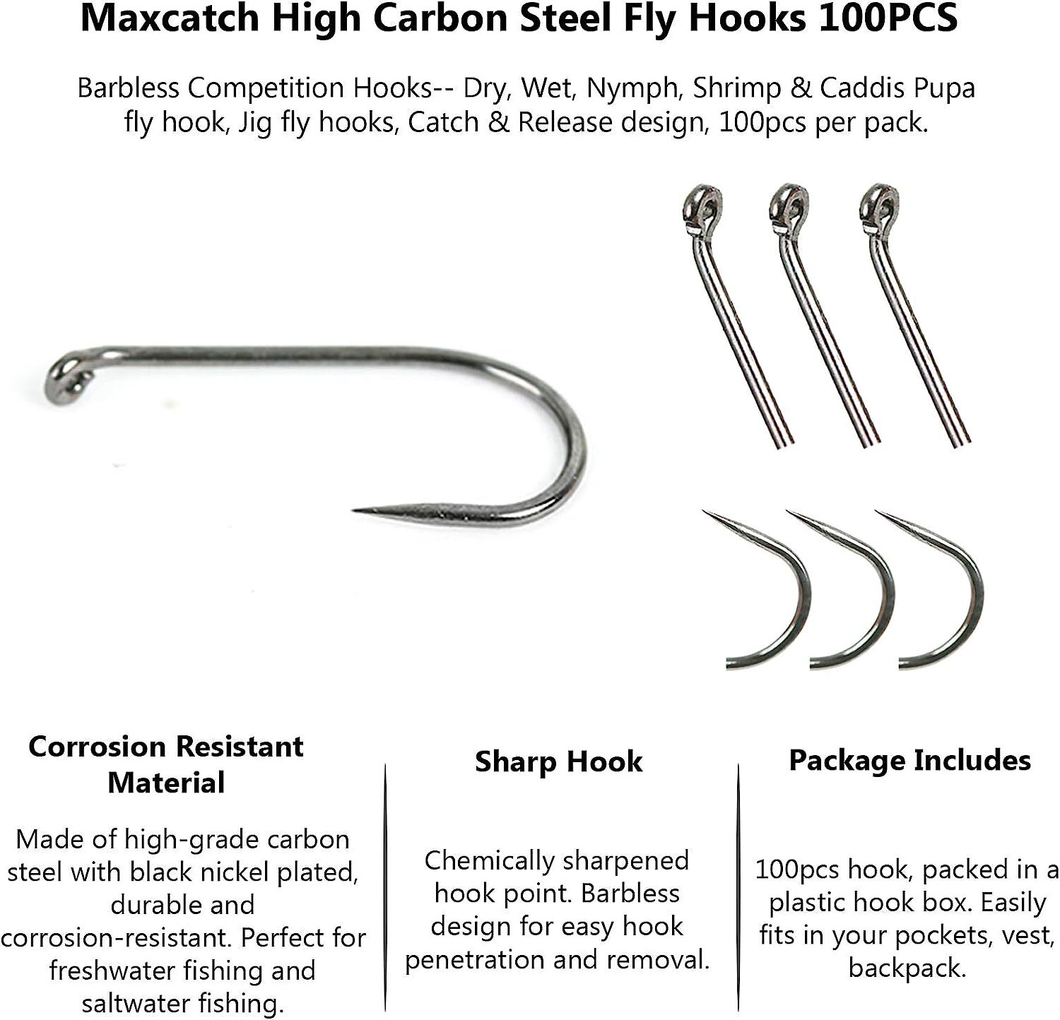 Maxcatch 100pcs 10# - 18# Fish-Friendly Barbless Fly Tying Hooks Dry&Wet&Nymph