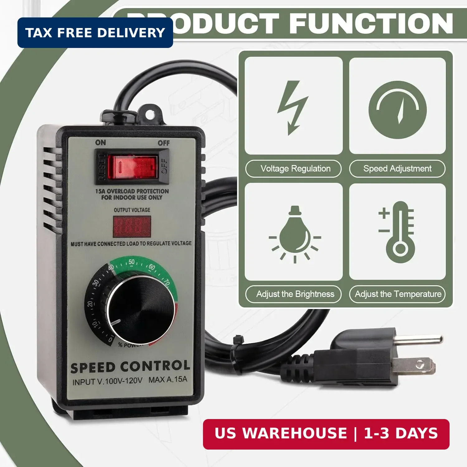 AC Motor Speed Controller 120V 15A - Variable Speed Regulator for Brushed Motors