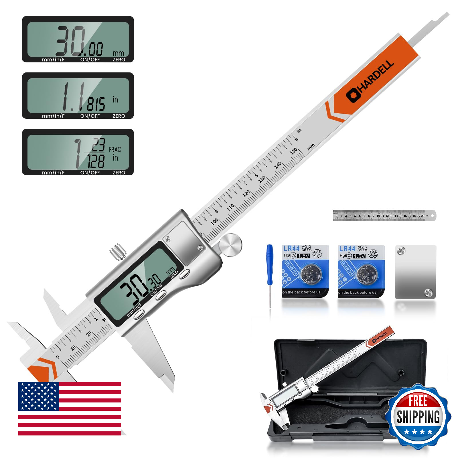 HARDELL 6" Digital Caliper Measuring Tool, Stainless Steel - Inch/Metric/Fractio