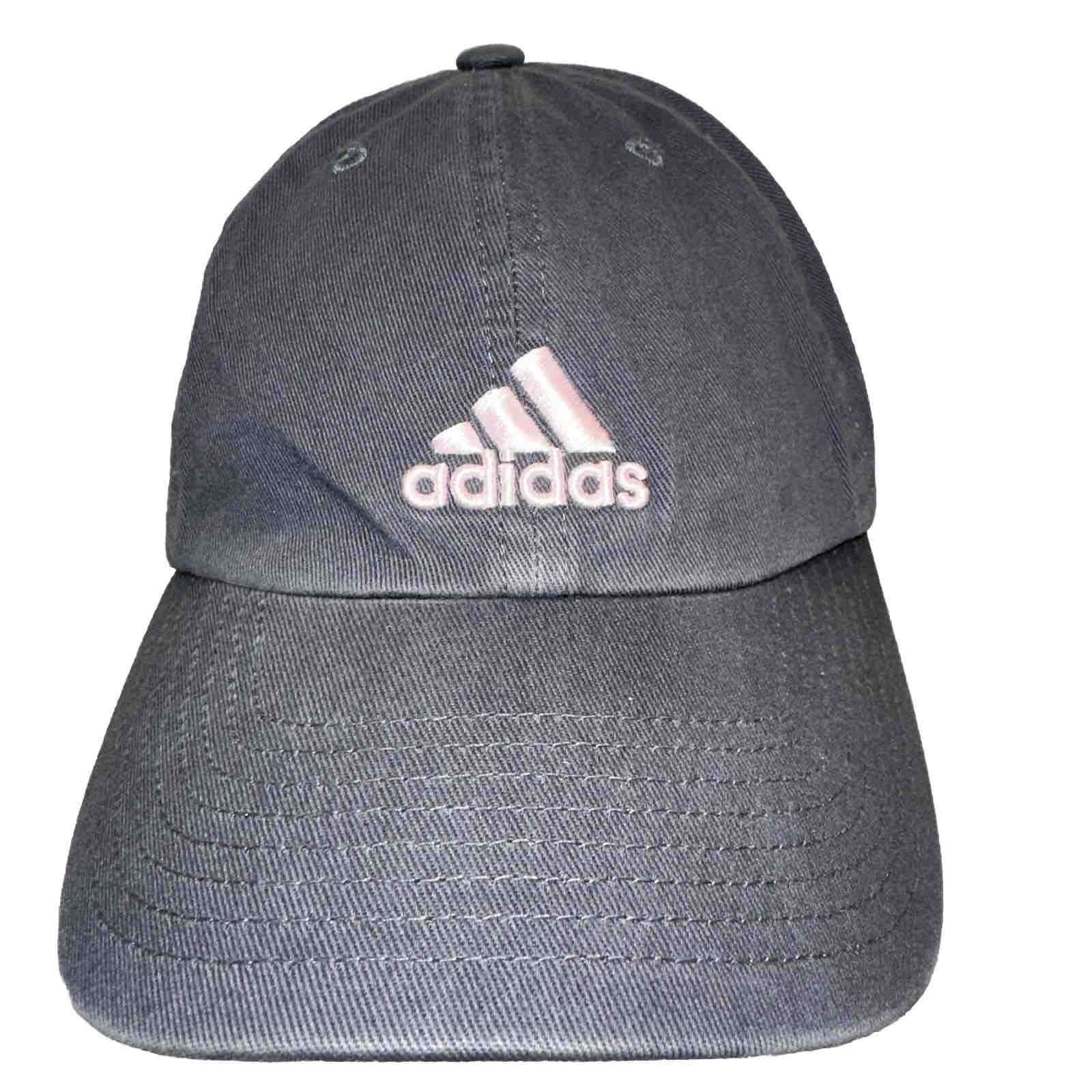Adidas Washed Navy Hat Cap with Adidas and Logo in Pink on Front Strap Buckle