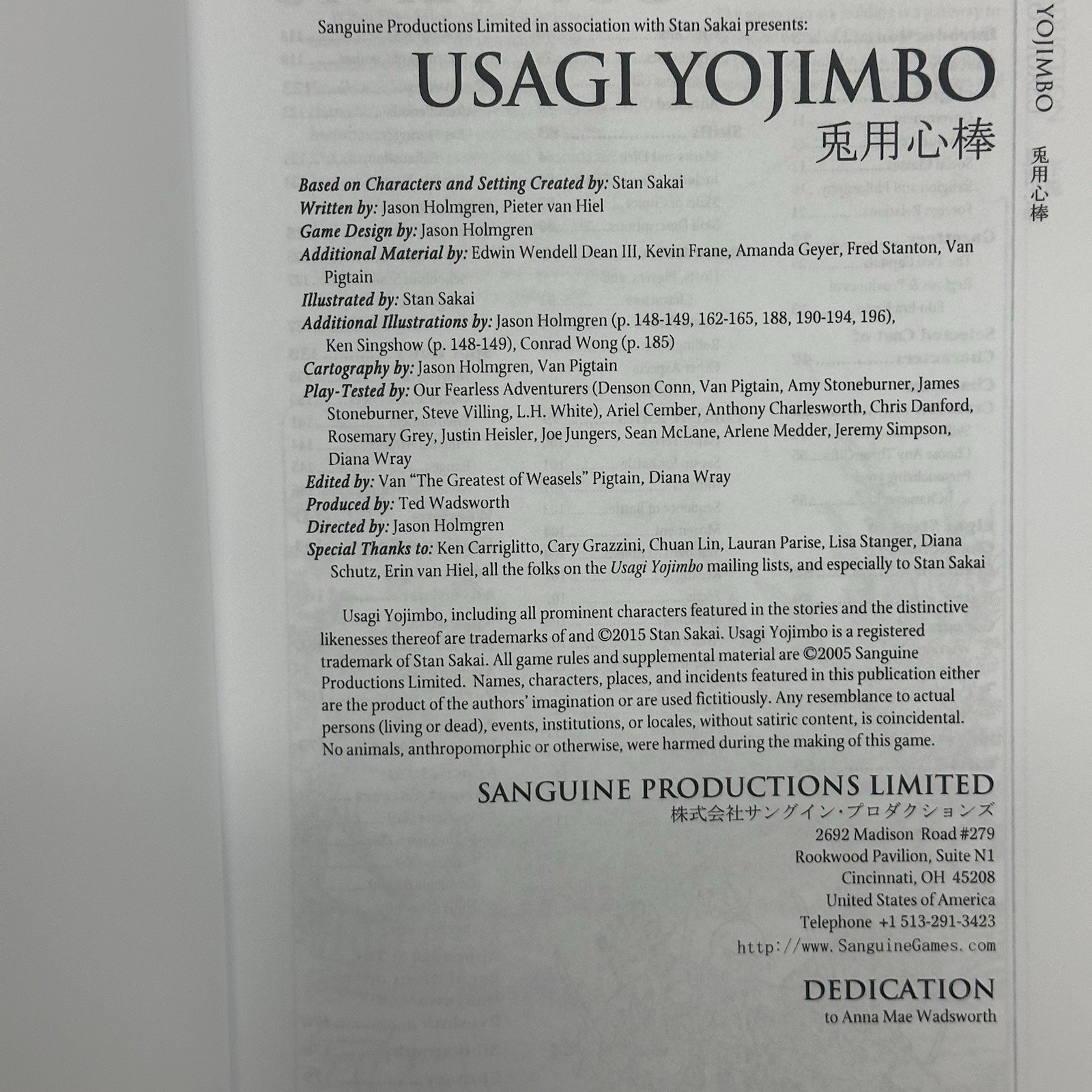 USAGI YOJIMBO: ROLE-PLAYING GAME (SGP5001) By Pieter Van Hiel **Excellent**