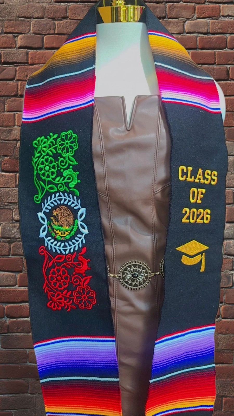 Mexican Graduation Sash Class 2026 Stole Multicolor and Black on Gold Embroider