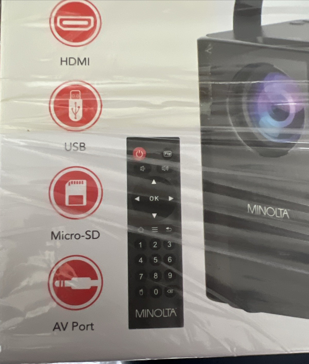 Minolta Mini Projector MN674 Bundle Pack with 100" Screen and Remote; New in Box